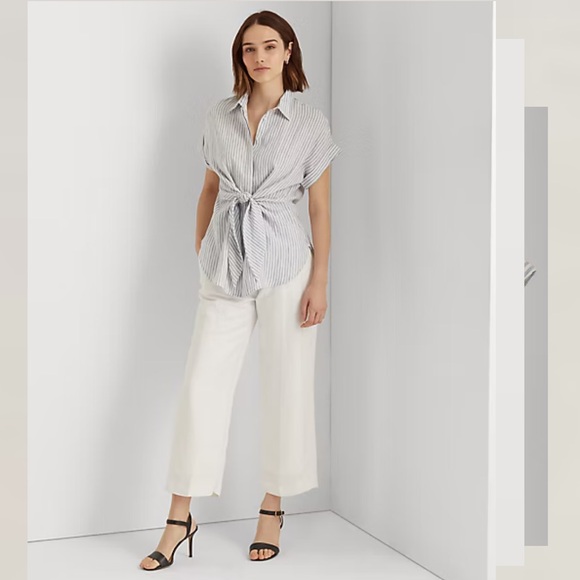 Ralph Lauren Black Label Linen Striped Tie-Front Button Down Collar Shirt Medium - Picture 15 of 15